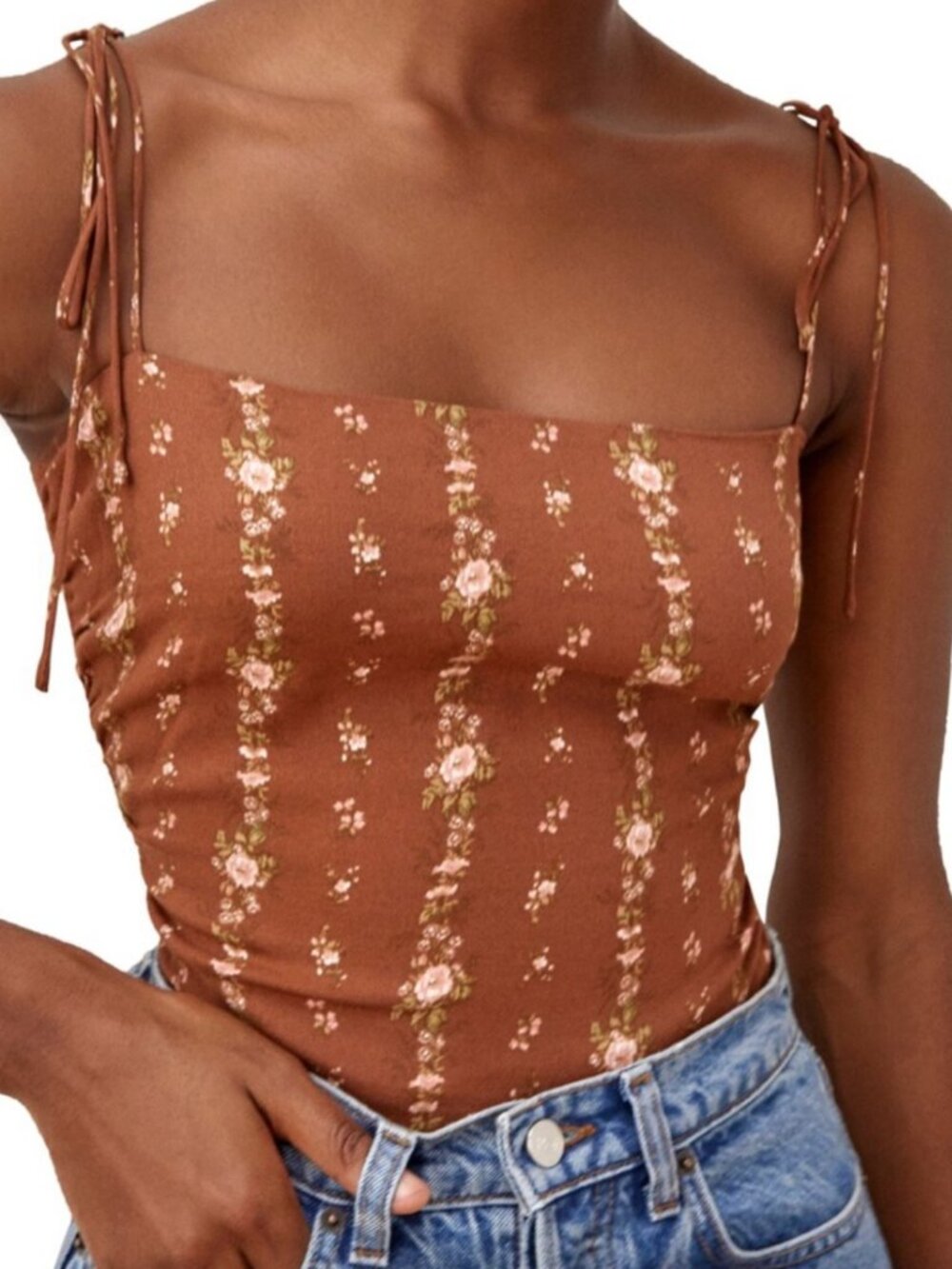 Reformation Floral Brown Tank Tie Straps 0